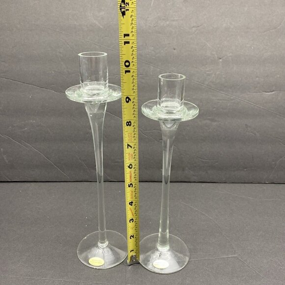 Studio Hand Blown Clear Glass Taper Candle Holder Set Of 2 Graduating 10.5”9.75” - Picture 8 of 11